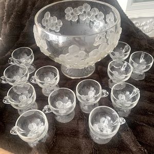 Very Rare!!! 1940’s Depression Glass Frosted Dogwood Punchbowl with 12 Glasses